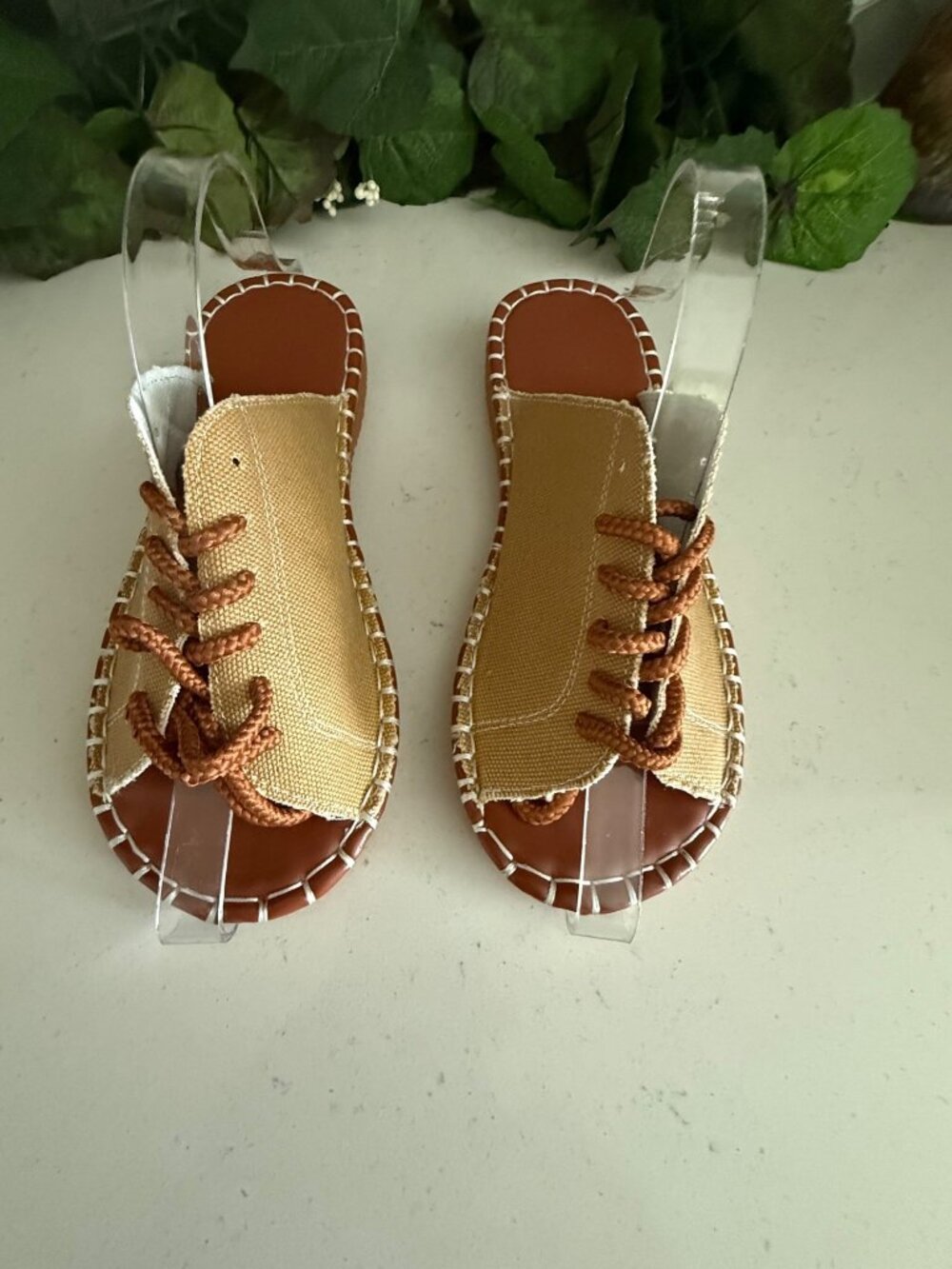 Earthy Yellow Canvas Sandals With Clear Straps & Brown Rope Lace-Up Design Size